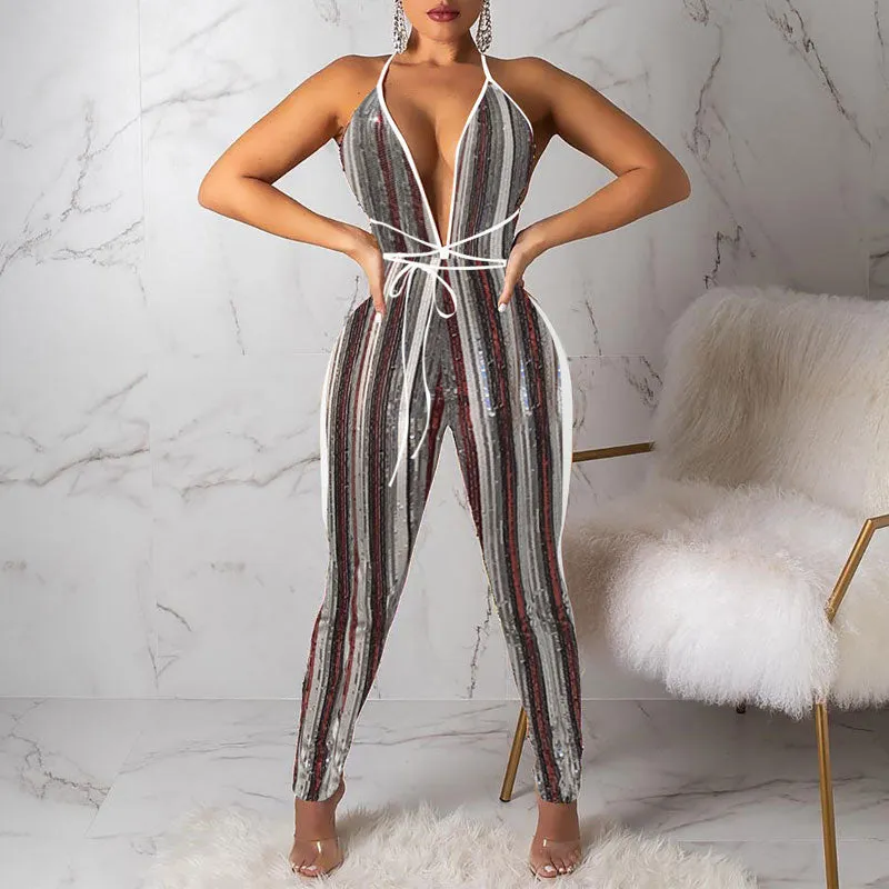 Colorful Sequins Sleeveless Deep V-Neck Bandage Jumpsuit