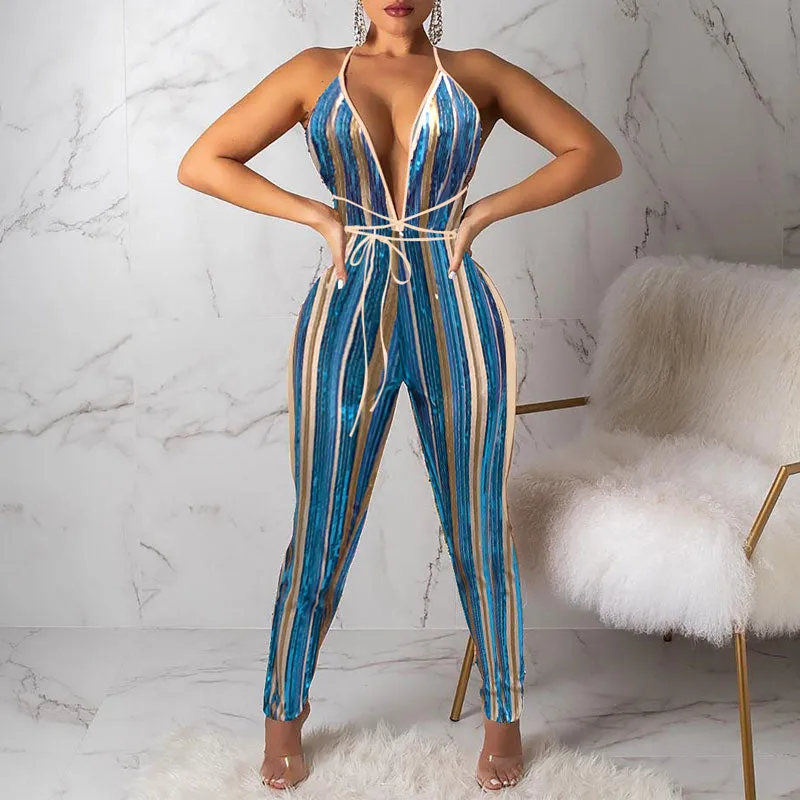 Colorful Sequins Sleeveless Deep V-Neck Bandage Jumpsuit