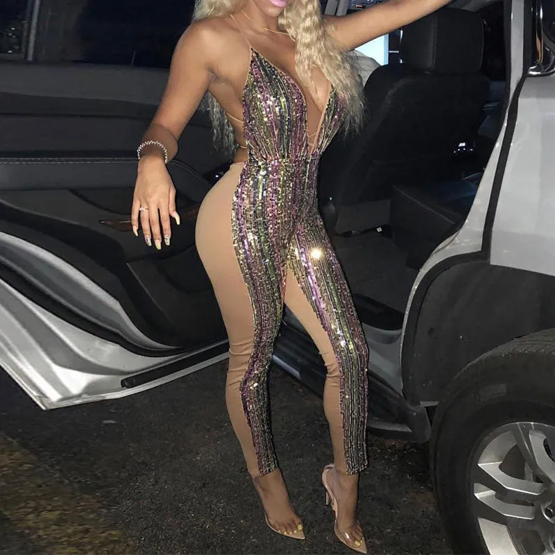 Colorful Sequins Sleeveless Deep V-Neck Bandage Jumpsuit