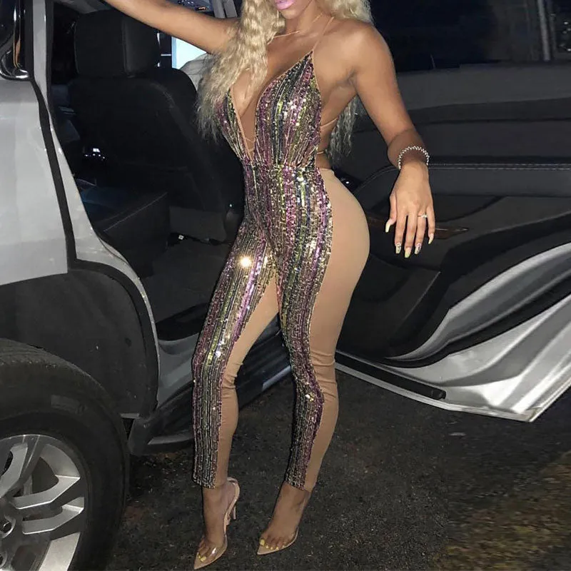 Colorful Sequins Sleeveless Deep V-Neck Bandage Jumpsuit