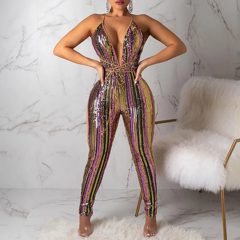 Colorful Sequins Sleeveless Deep V-Neck Bandage Jumpsuit