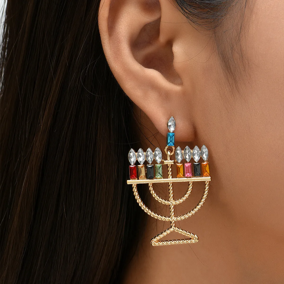 Crystal & 18K Gold-Plated Menorah Drop Earrings