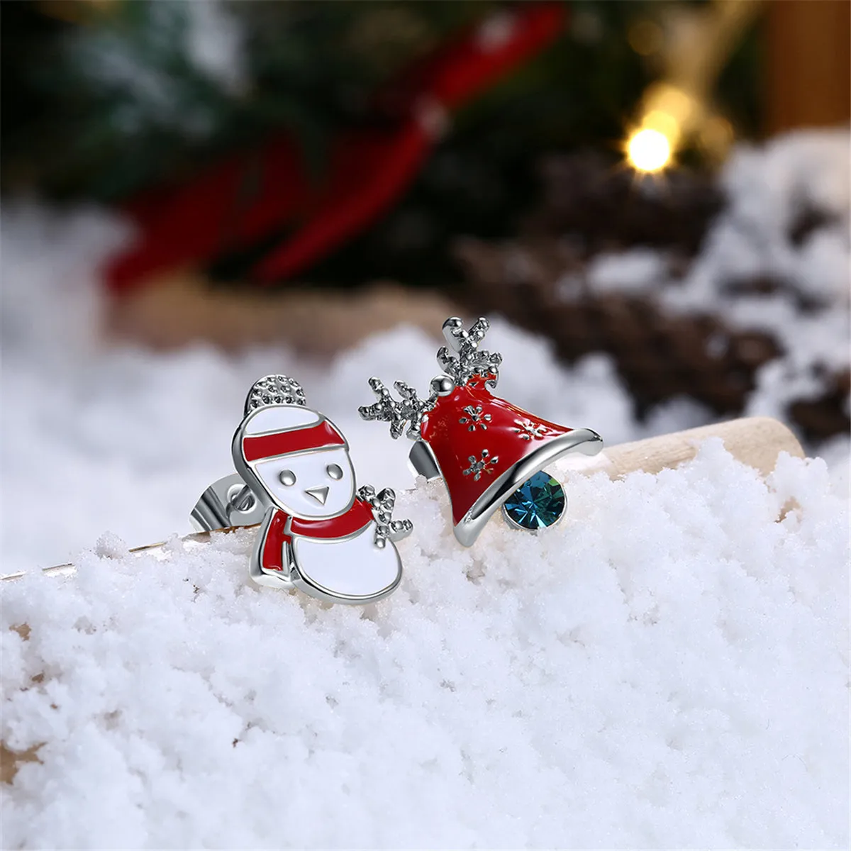 Crystal & Enamel Silver-Plated Jingle Bell & Snowman Stud Earrings