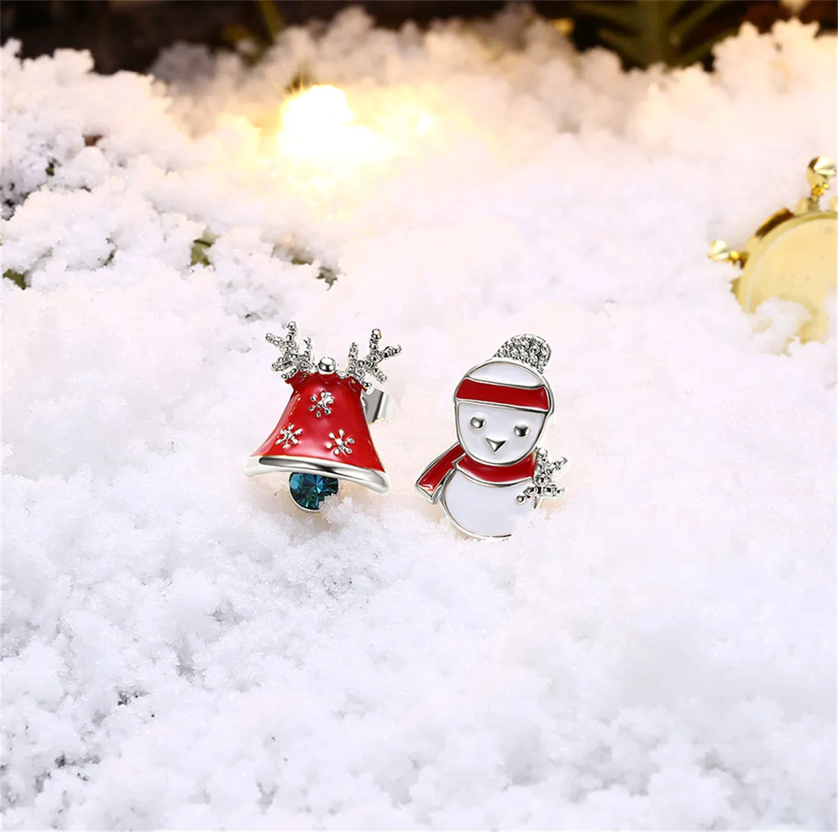 Crystal & Enamel Silver-Plated Jingle Bell & Snowman Stud Earrings