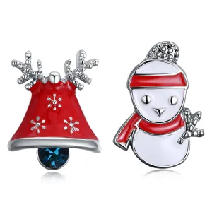 Crystal & Enamel Silver-Plated Jingle Bell & Snowman Stud Earrings
