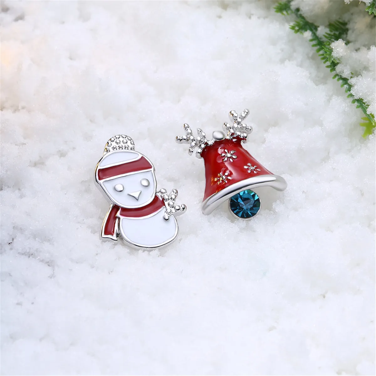 Crystal & Enamel Silver-Plated Jingle Bell & Snowman Stud Earrings