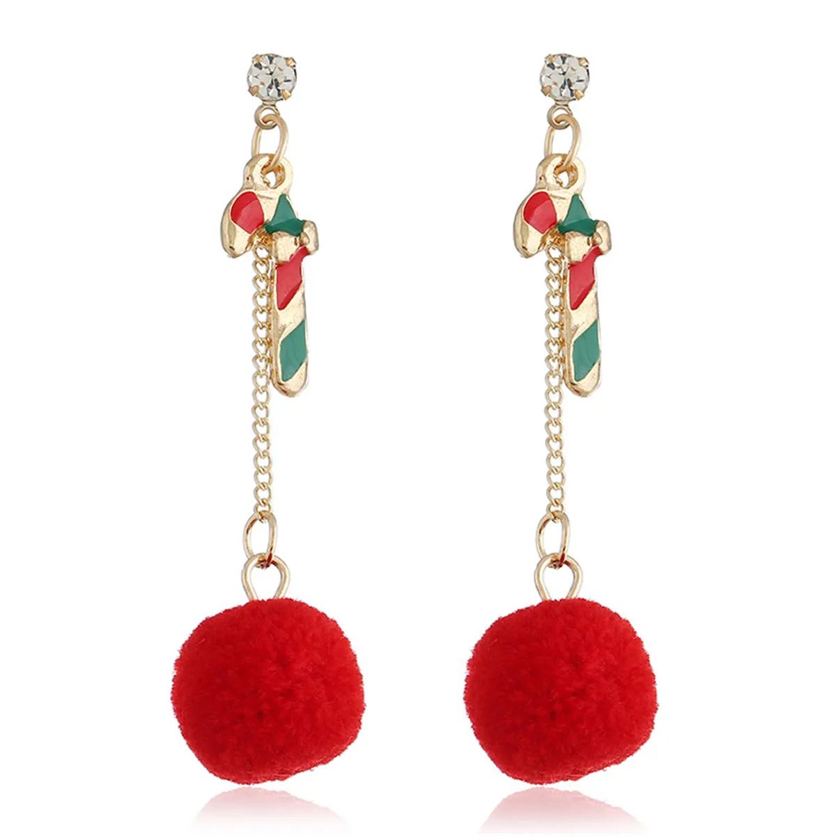 Cubic Zirconia & 18K Gold-Plated Candy Cane Pom-Pom Drop Earrings