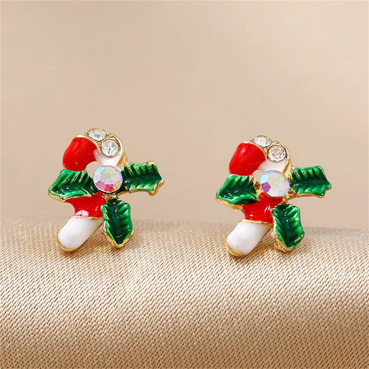 Cubic Zirconia & 18K Gold-Plated Christmas Crutch Stud Earrings