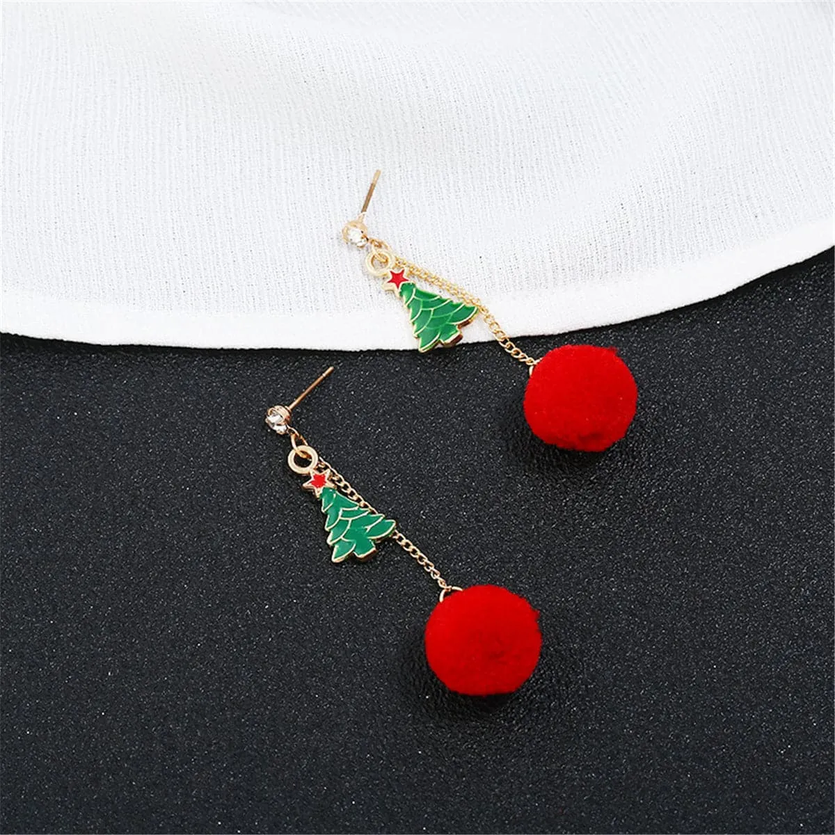 Cubic Zirconia & 18K Gold-Plated Christmas Tree Pom-Pom Drop Earrings