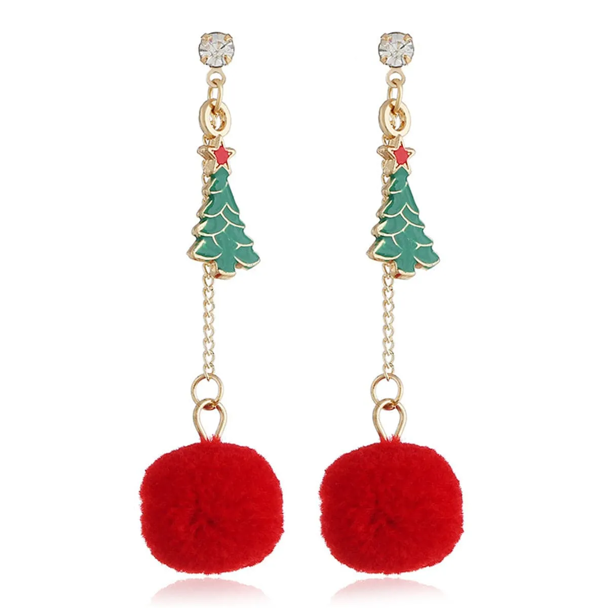 Cubic Zirconia & 18K Gold-Plated Christmas Tree Pom-Pom Drop Earrings