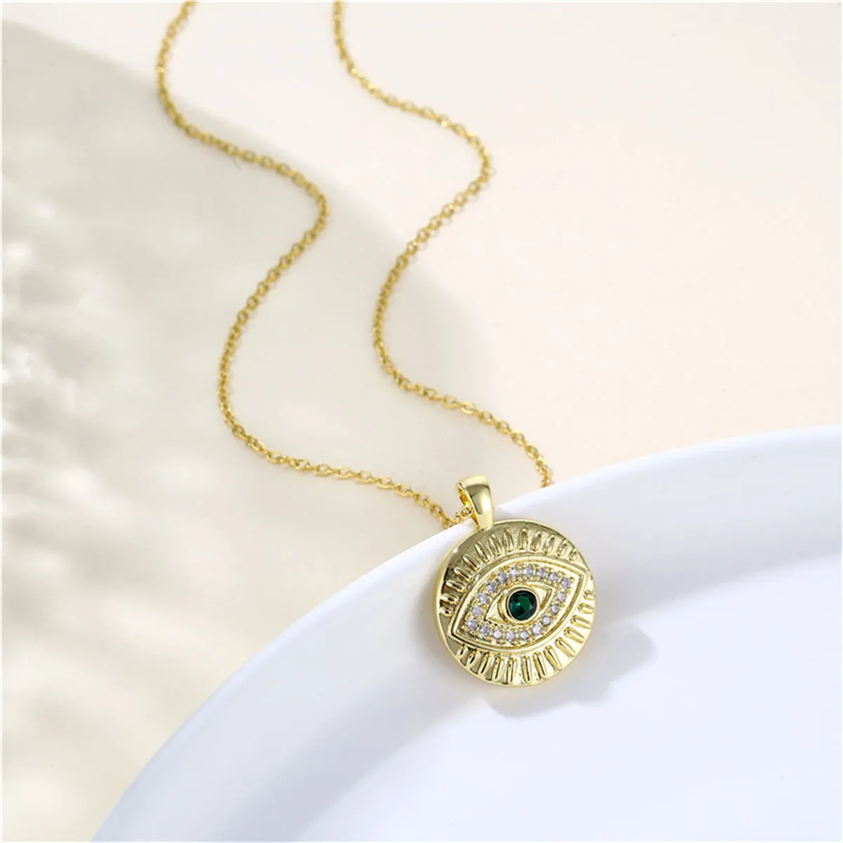 Cubic Zirconia & 18K Gold-Plated Eye Round Pendant Necklace
