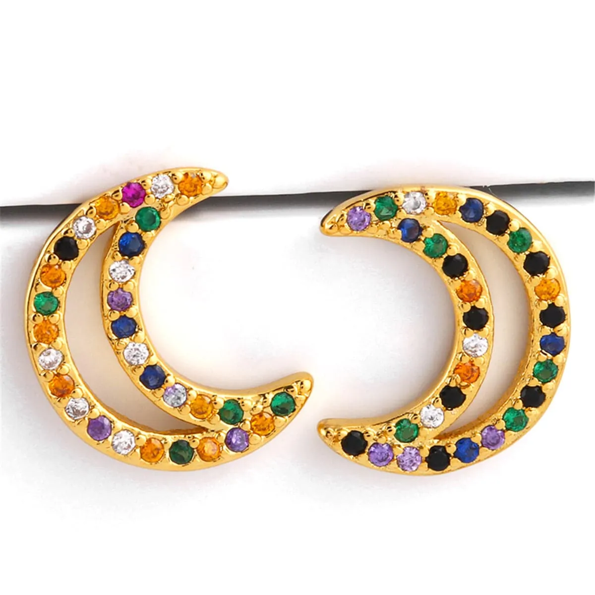 Cubic Zirconia & 18K Gold-Plated Open Moon Stud Earrings