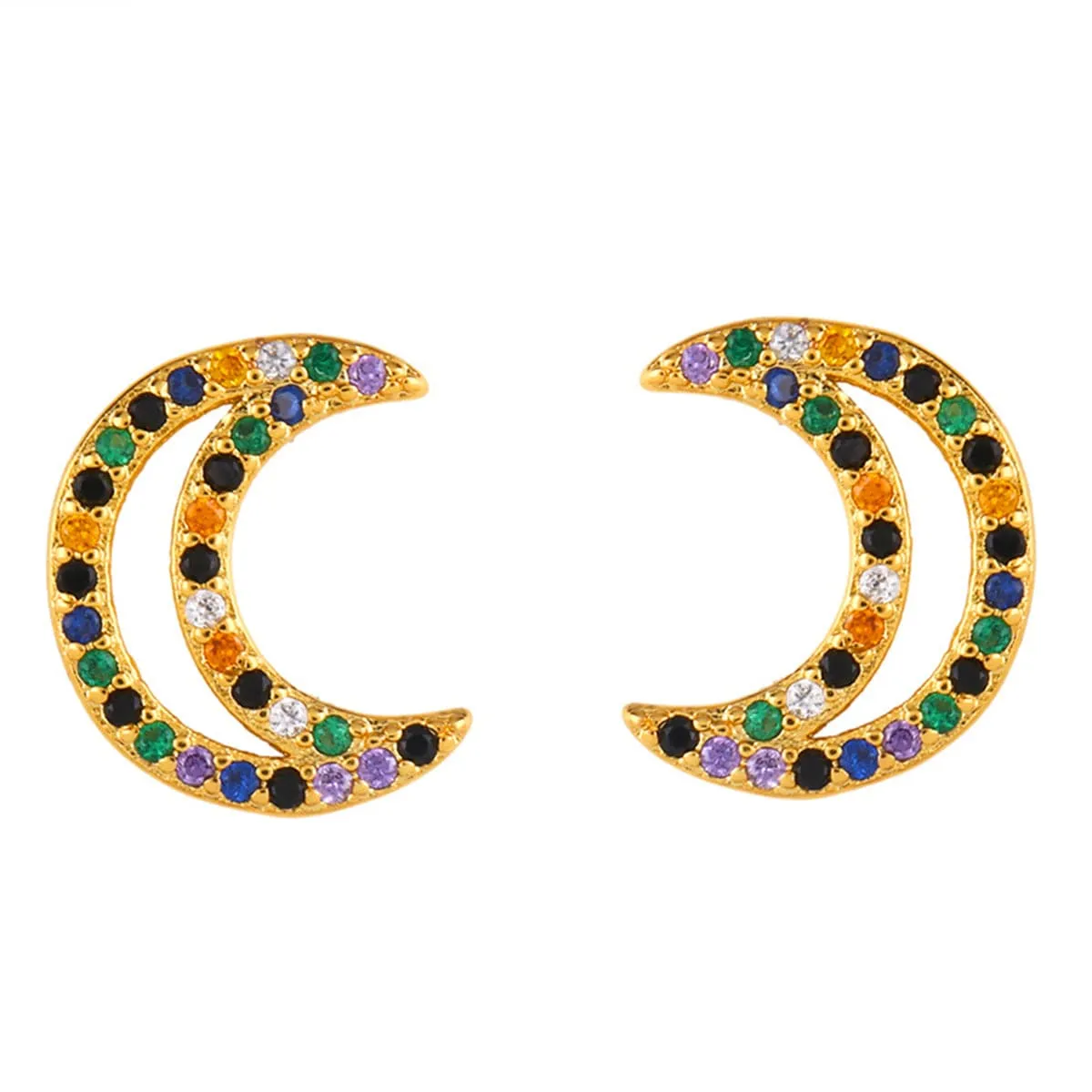 Cubic Zirconia & 18K Gold-Plated Open Moon Stud Earrings