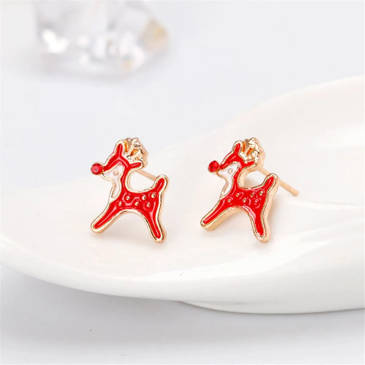 Cubic Zirconia & Enamel 18K Gold-Plated Red Nose Reindeer Stud Earrings