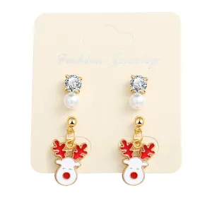 Cubic Zirconia & Pearl Enamel 18K Gold-Plated Reindeer Dangle Earring