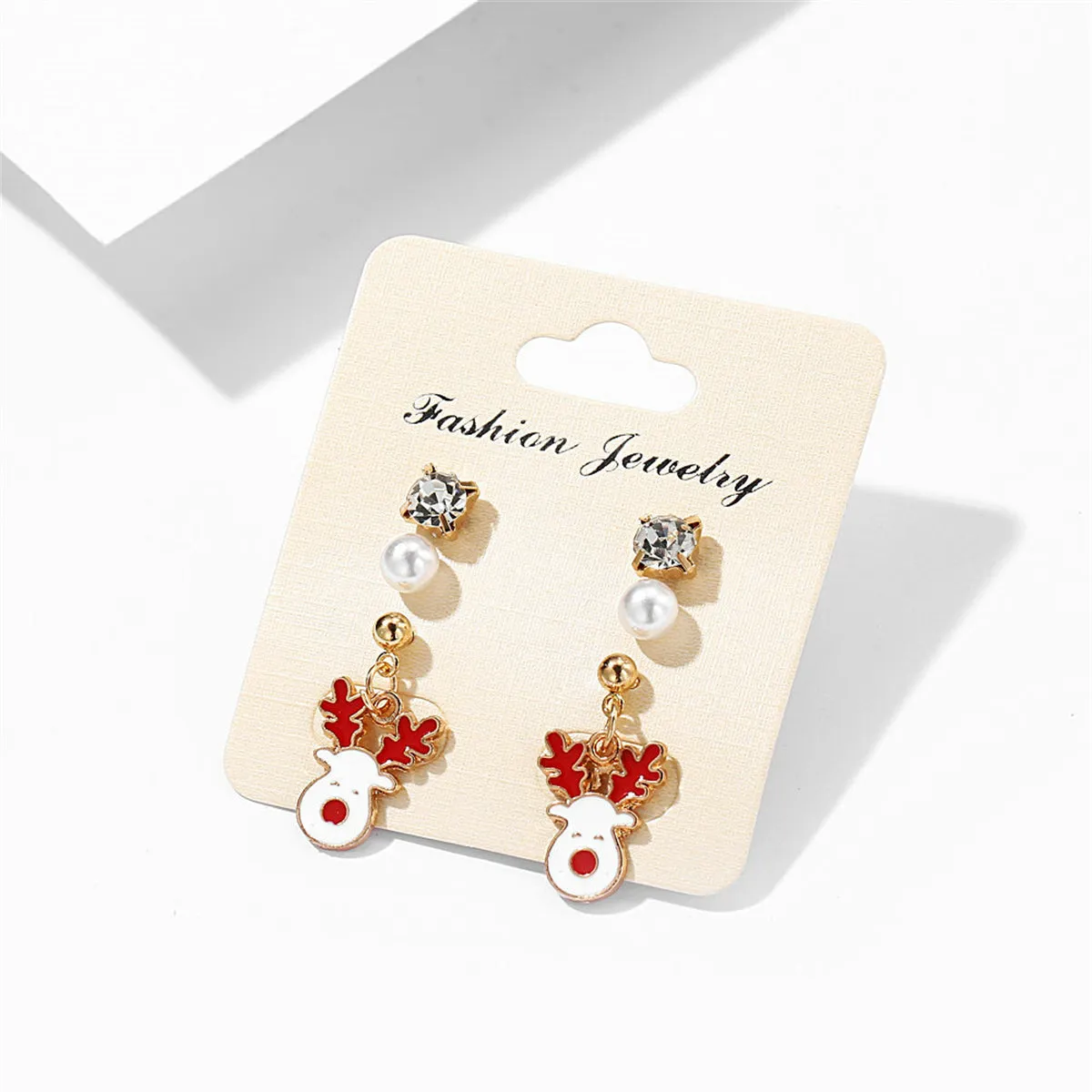 Cubic Zirconia & Pearl Enamel 18K Gold-Plated Reindeer Dangle Earring