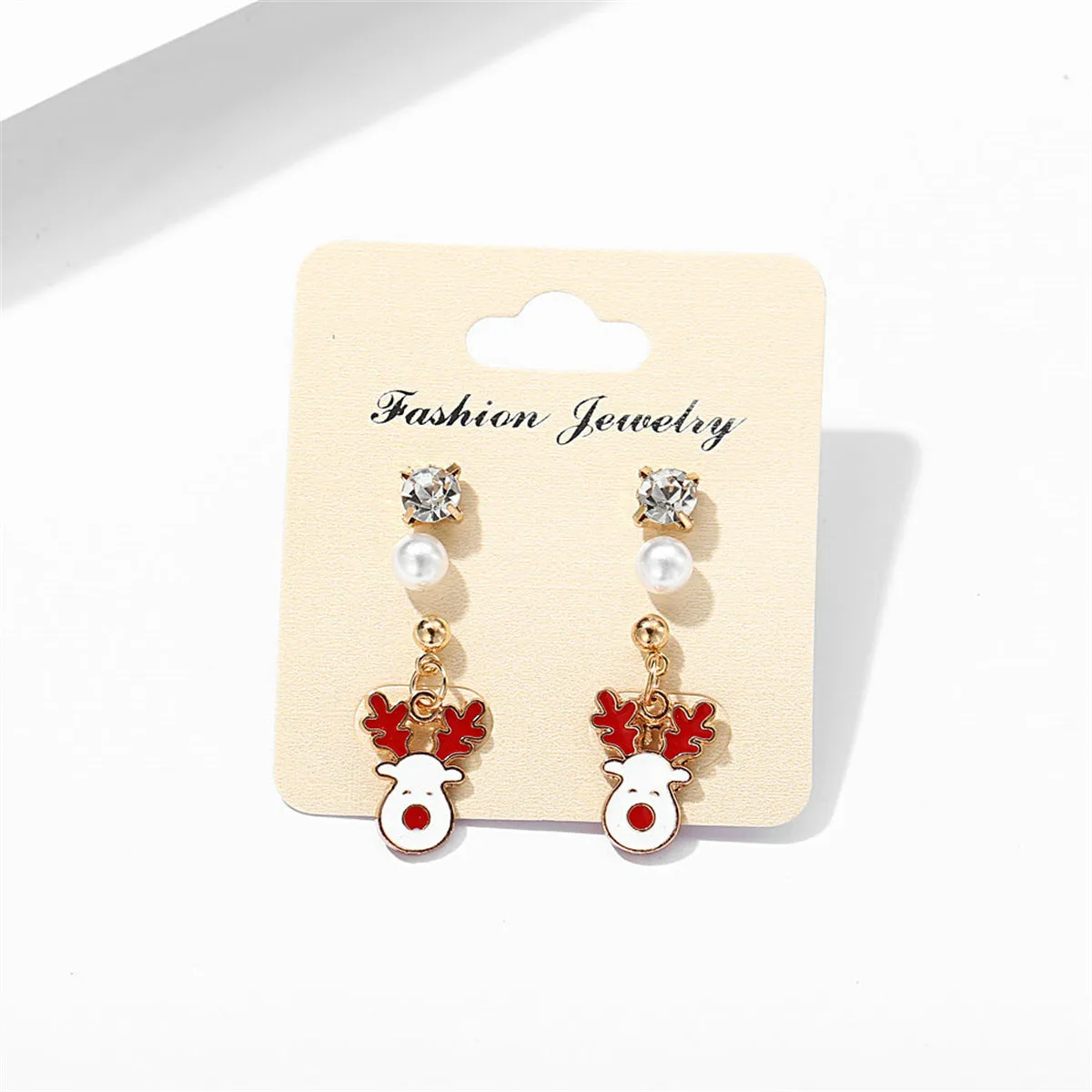 Cubic Zirconia & Pearl Enamel 18K Gold-Plated Reindeer Dangle Earring