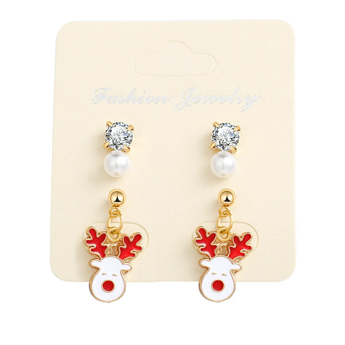 Cubic Zirconia & Pearl Enamel 18K Gold-Plated Reindeer Dangle Earring