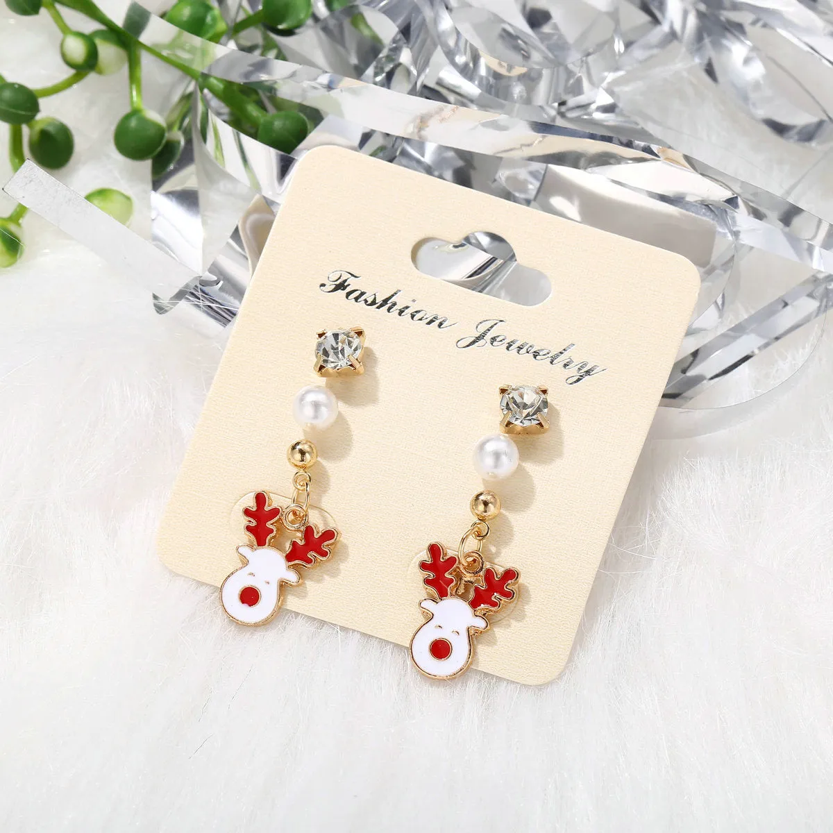 Cubic Zirconia & Pearl Enamel 18K Gold-Plated Reindeer Dangle Earring