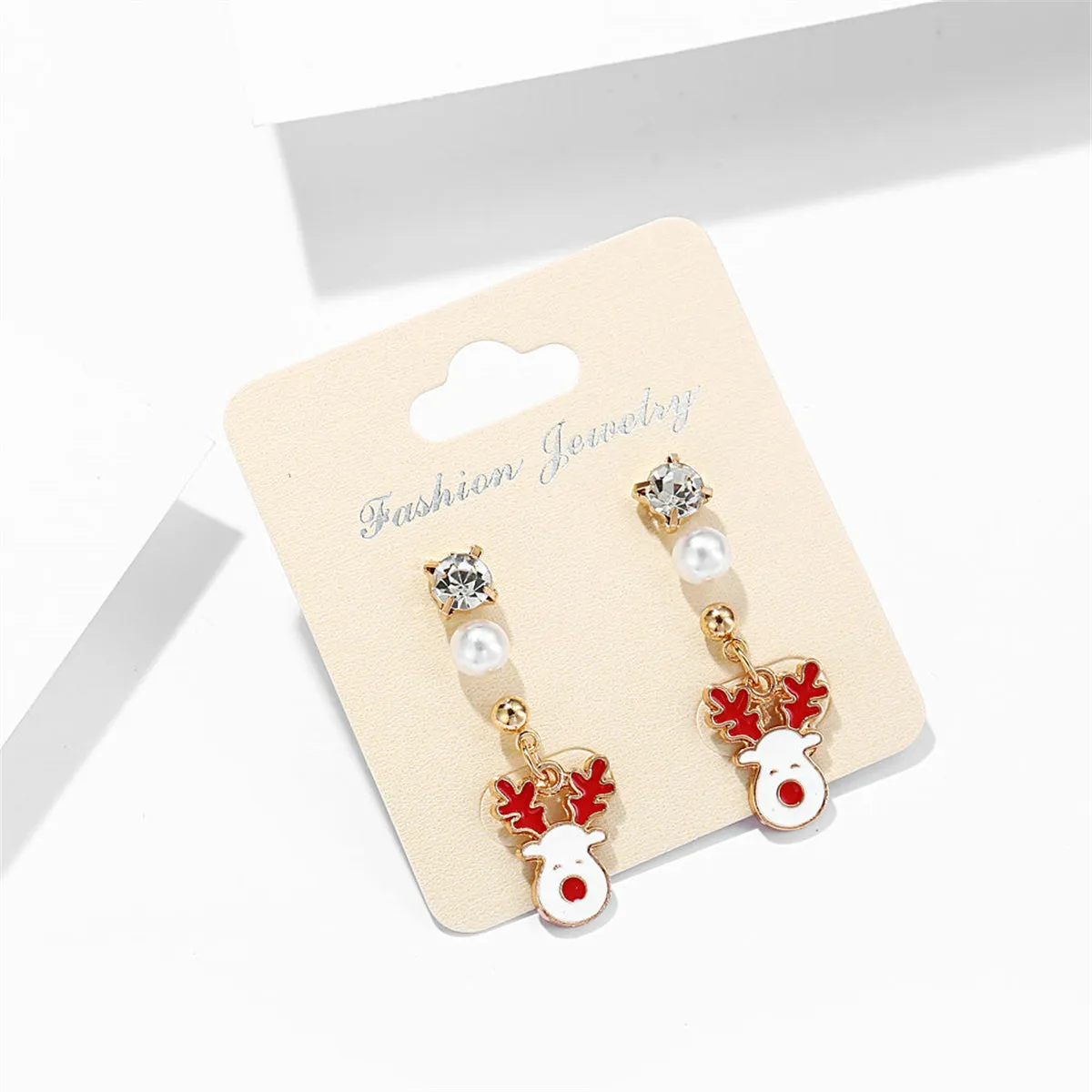 Cubic Zirconia & Pearl Enamel 18K Gold-Plated Reindeer Dangle Earring