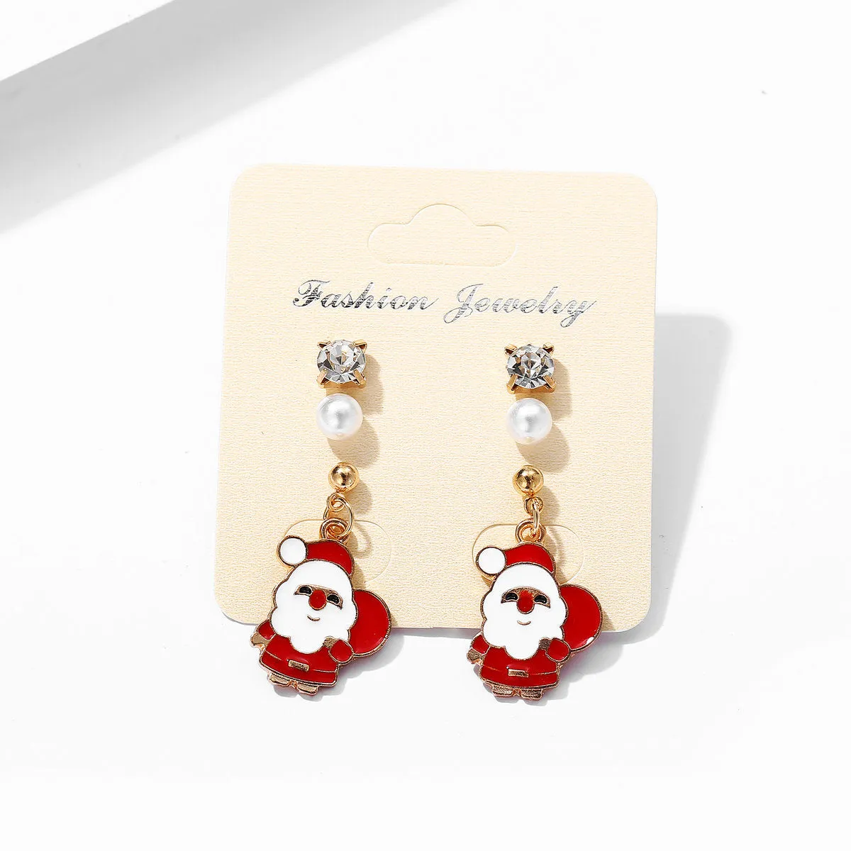 Cubic Zirconia & Pearl Enamel 18K Gold-Plated Santa Dangle Earring