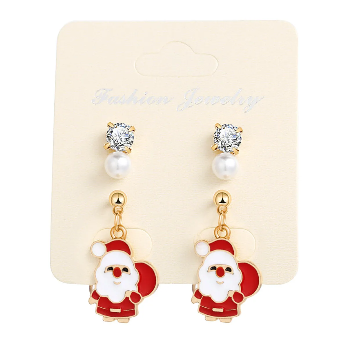 Cubic Zirconia & Pearl Enamel 18K Gold-Plated Santa Dangle Earring