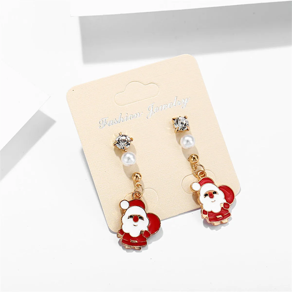 Cubic Zirconia & Pearl Enamel 18K Gold-Plated Santa Dangle Earring
