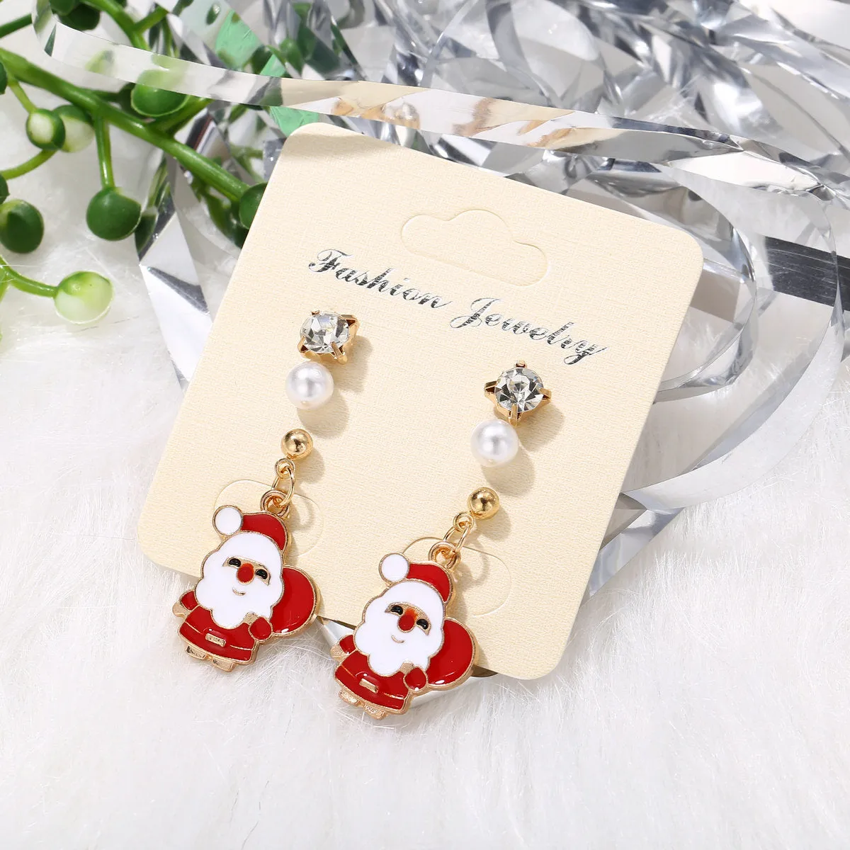Cubic Zirconia & Pearl Enamel 18K Gold-Plated Santa Dangle Earring