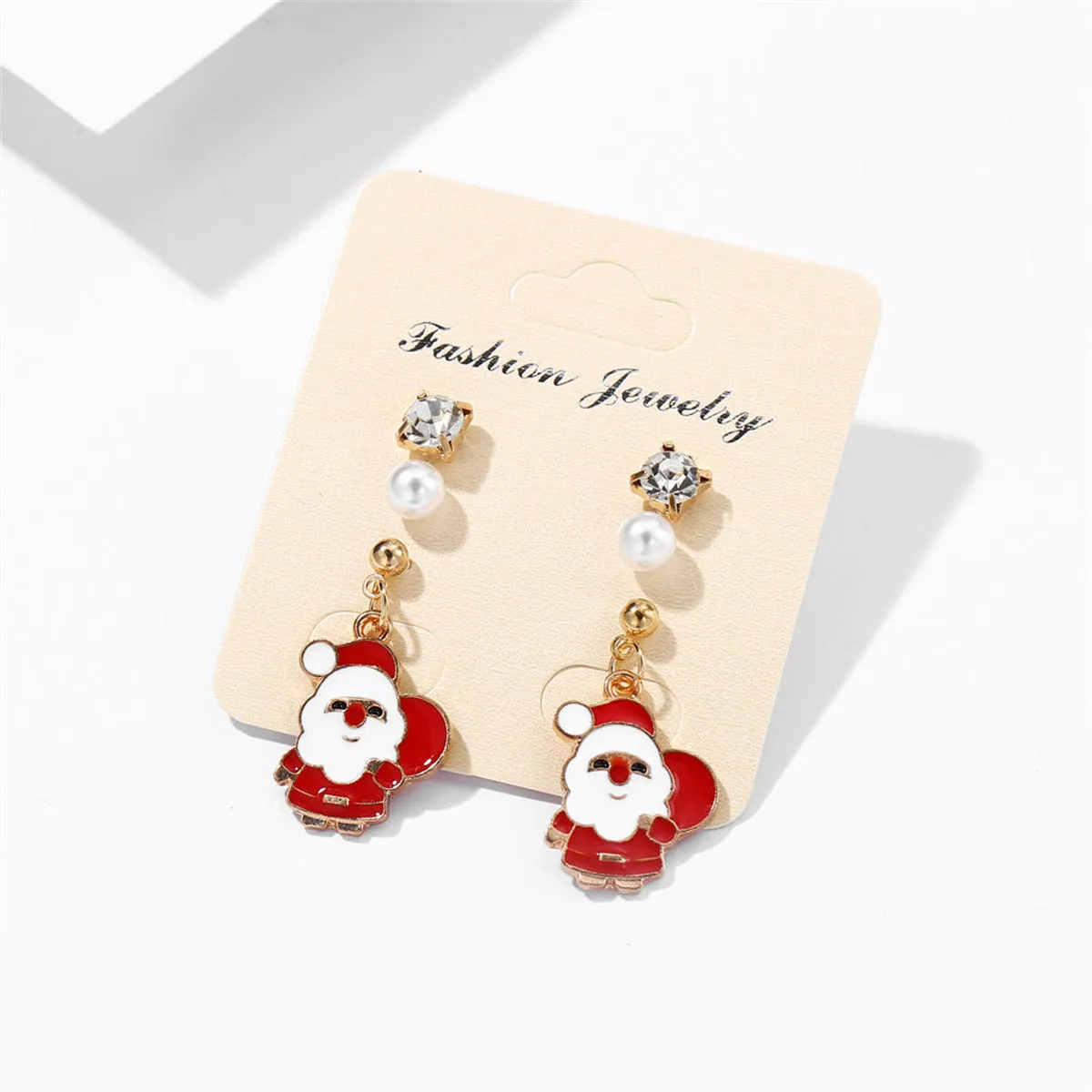 Cubic Zirconia & Pearl Enamel 18K Gold-Plated Santa Dangle Earring