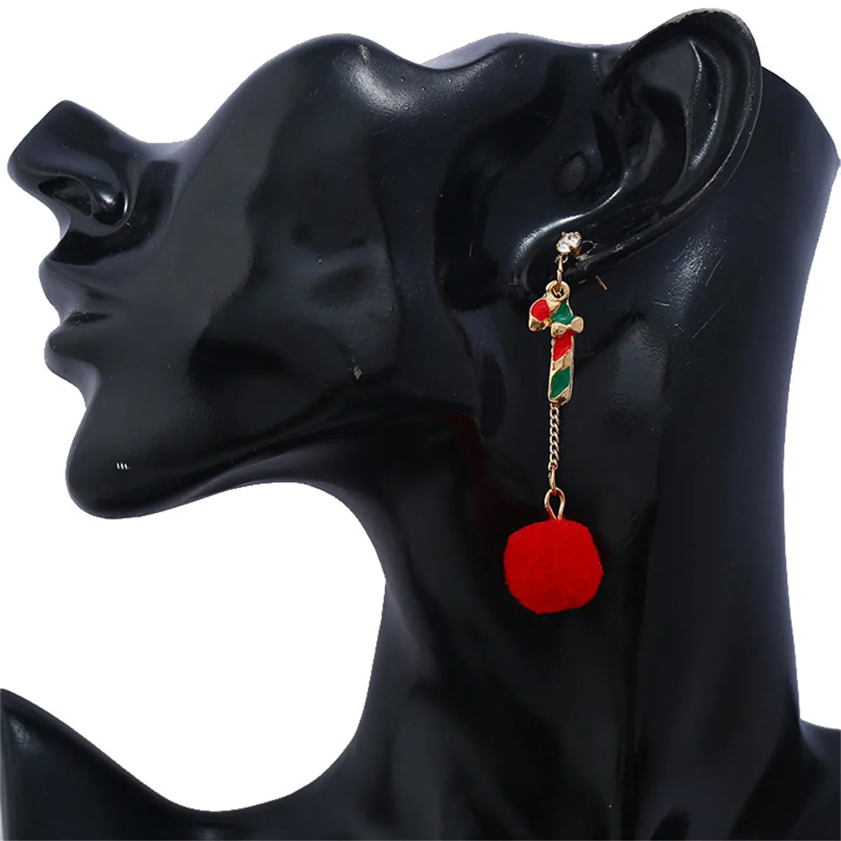 Cubic Zirconia & Red Candy Cane Pom-Pom Drop Earrings