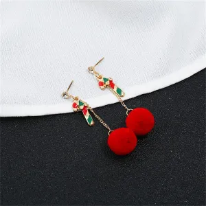 Cubic Zirconia & Red Candy Cane Pom-Pom Drop Earrings