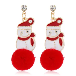 Cubic Zirconia & Red Snowman Pom-Pom Drop Earrings