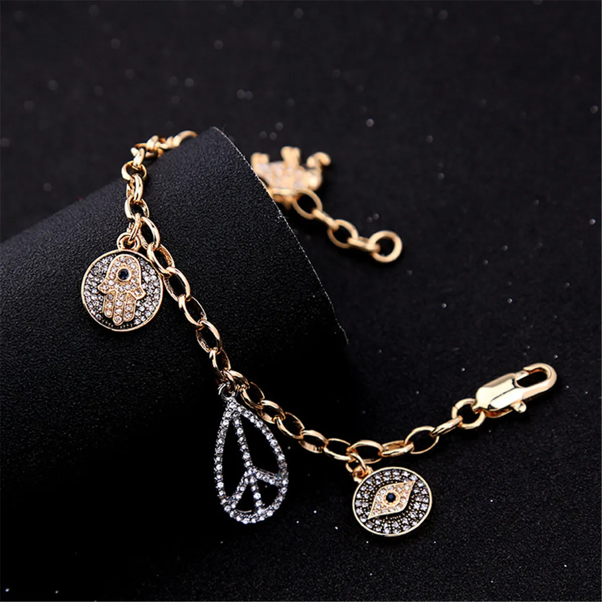 Cubic Zirconia & Two-Tone Hamsa Charm Bracelet