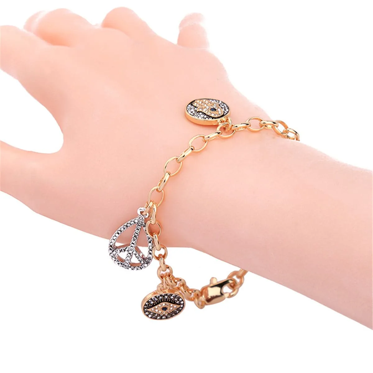 Cubic Zirconia & Two-Tone Hamsa Charm Bracelet