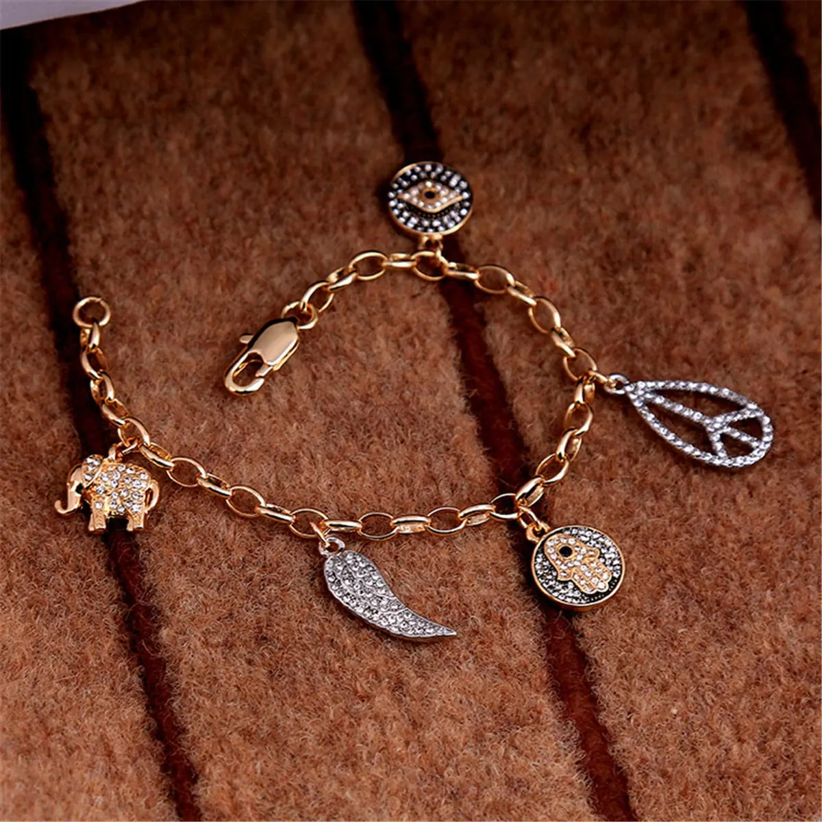 Cubic Zirconia & Two-Tone Hamsa Charm Bracelet