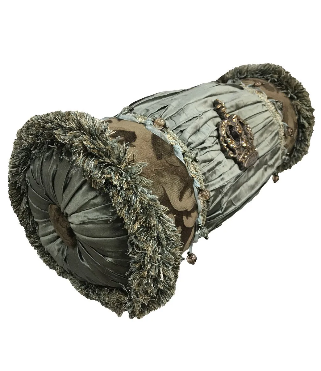 Decorative Bolster Pillow Chocolate Brown and Spa with Jeweled Crown