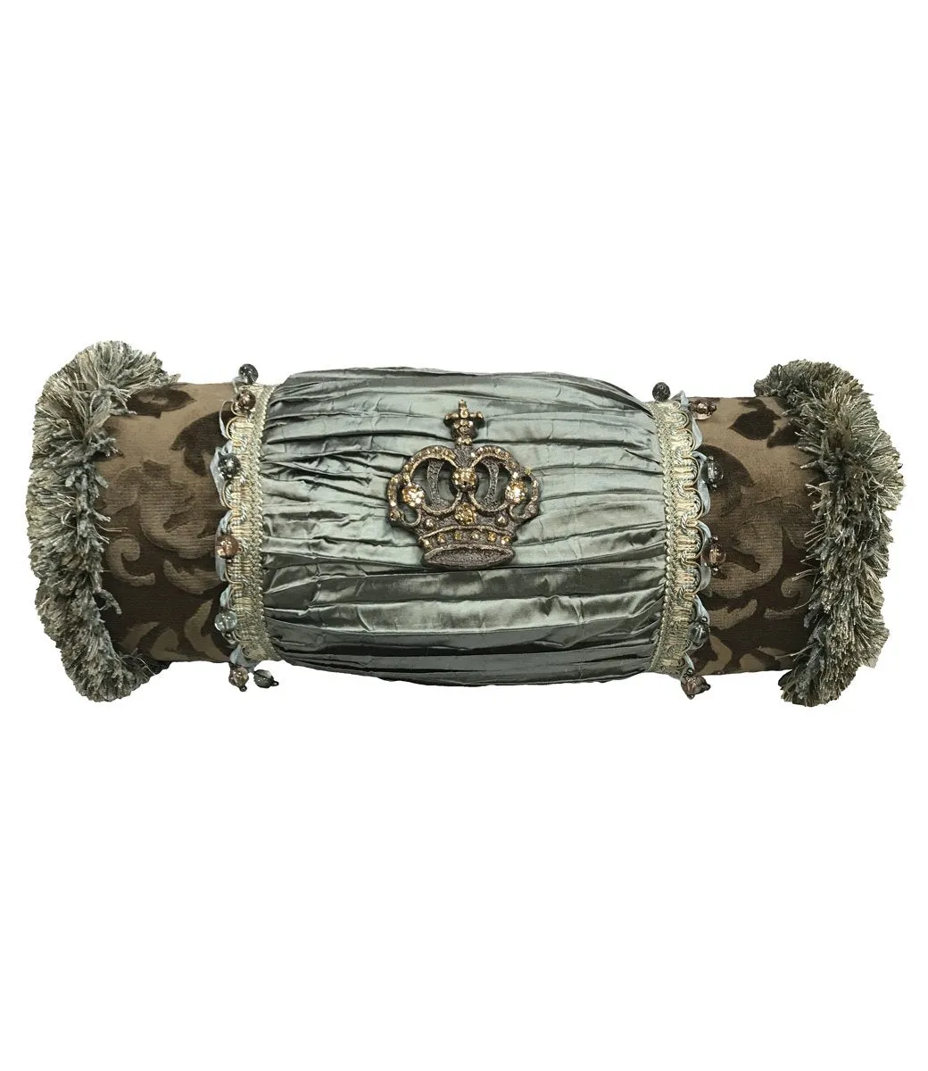 Decorative Bolster Pillow Chocolate Brown and Spa with Jeweled Crown