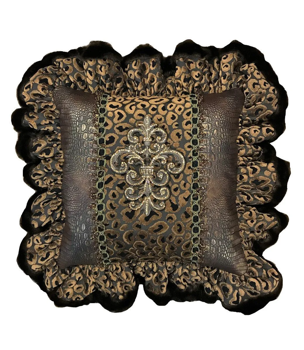 Designer Ruffled Leopard Accent Pillow with Jeweled Medallion