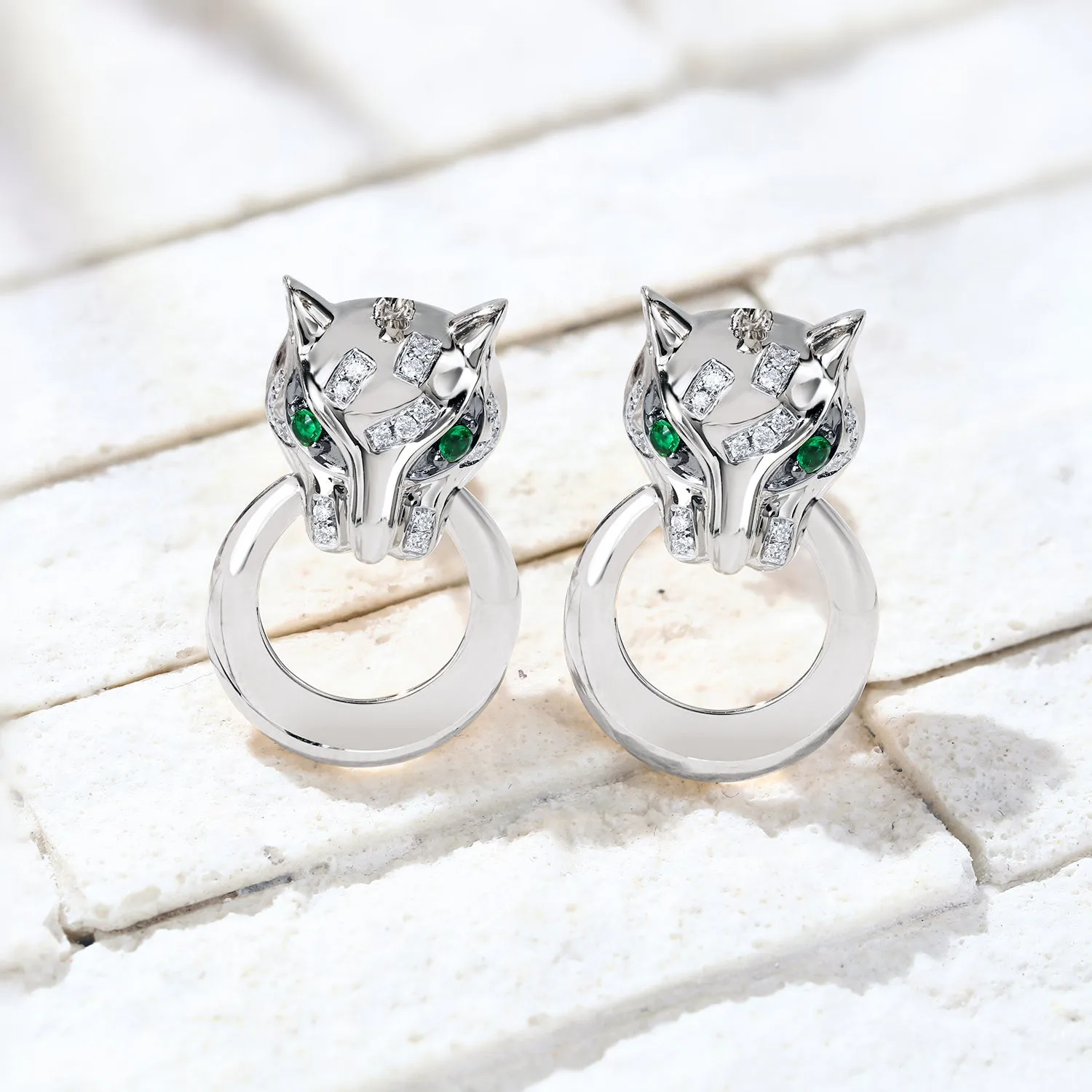Diamond and Emerald Panther Stud Earrings