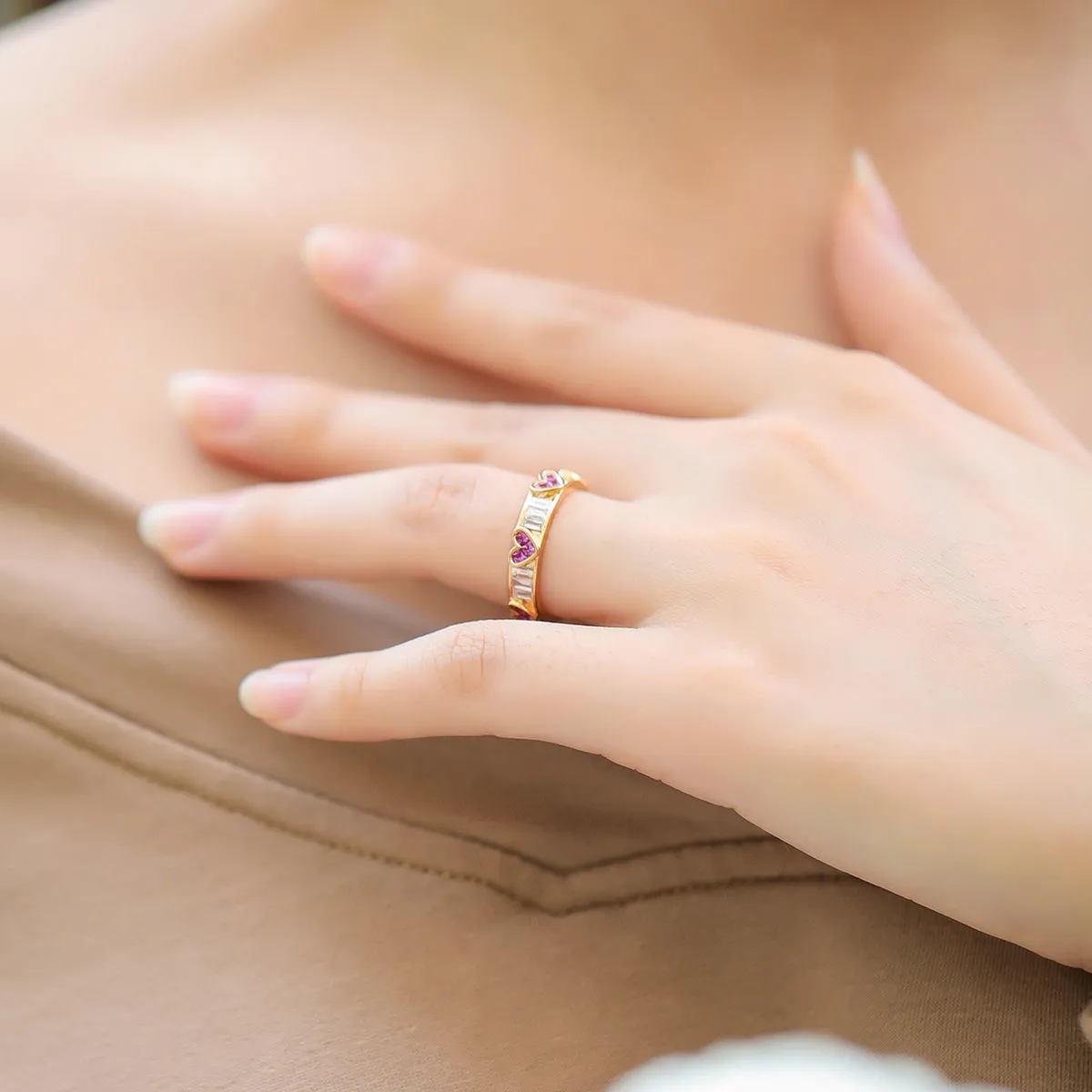 Diamond and Pink Sapphire Heart Pattern Eternity Band