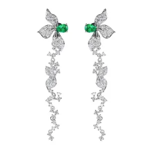 Diamond Emerald Flower Leaf Dangle Drop Earrings
