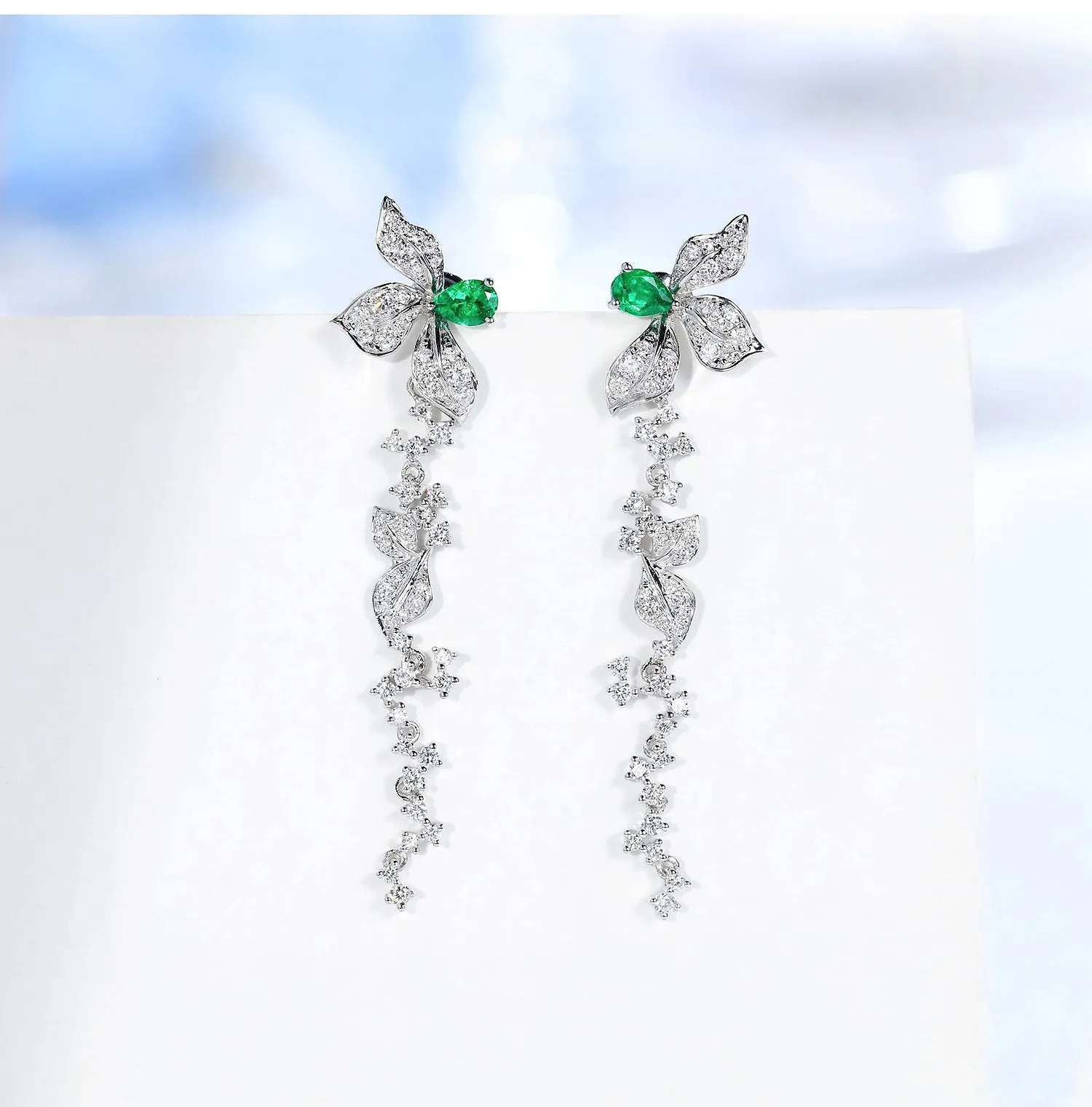 Diamond Emerald Flower Leaf Dangle Drop Earrings