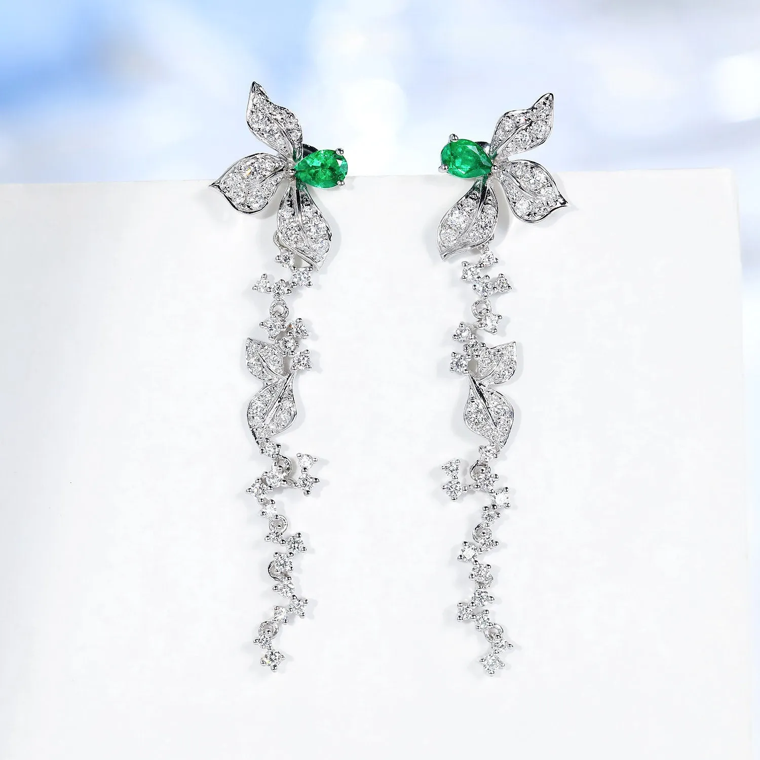 Diamond Emerald Flower Leaf Dangle Drop Earrings