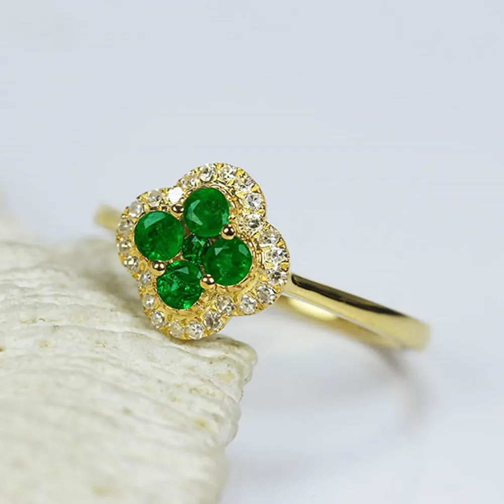 Diamond Halo Emerald 4 Leaf Lucky Clover Ring