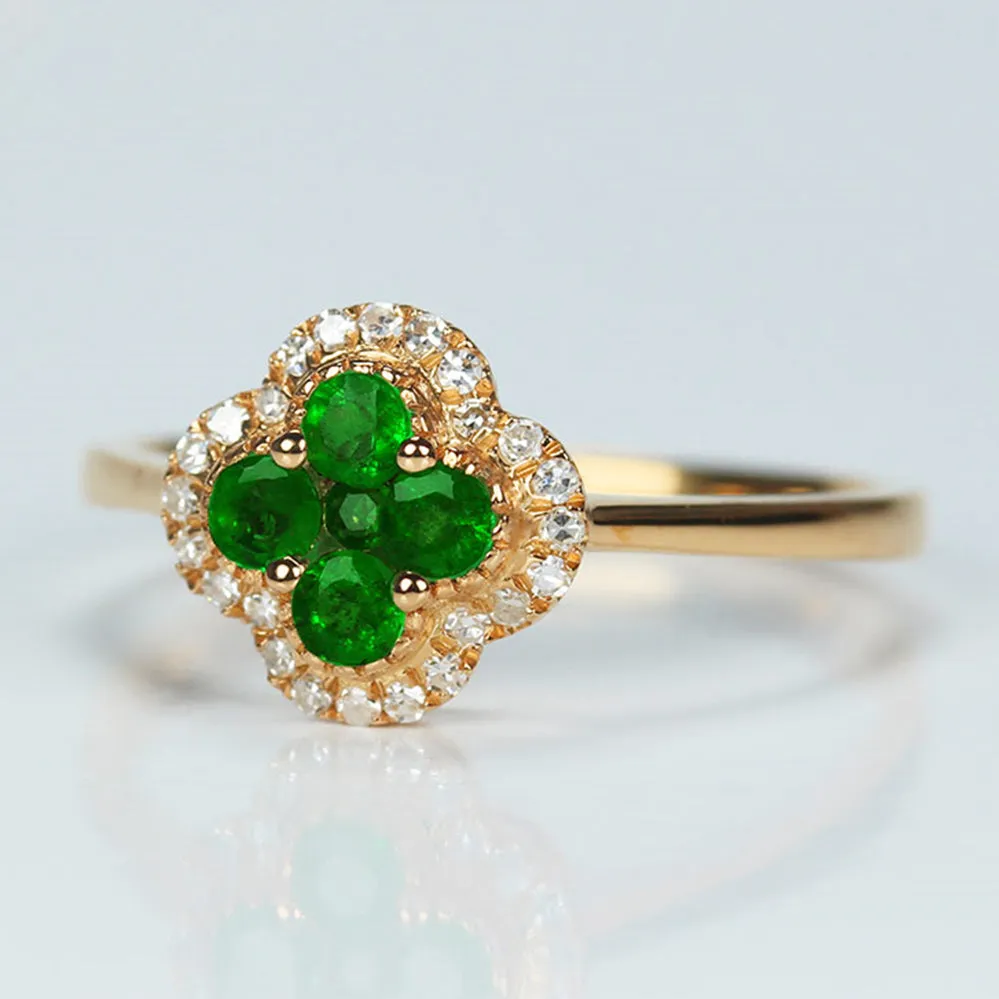 Diamond Halo Emerald 4 Leaf Lucky Clover Ring