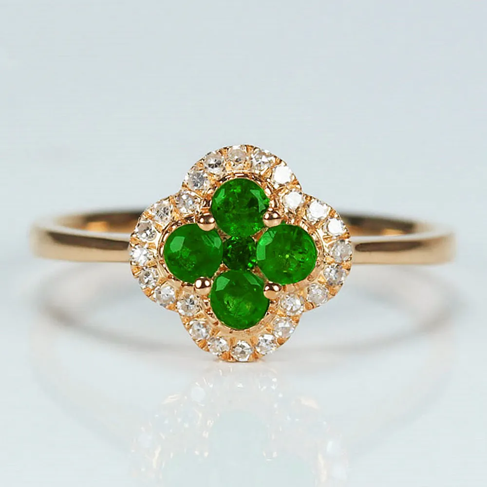 Diamond Halo Emerald 4 Leaf Lucky Clover Ring