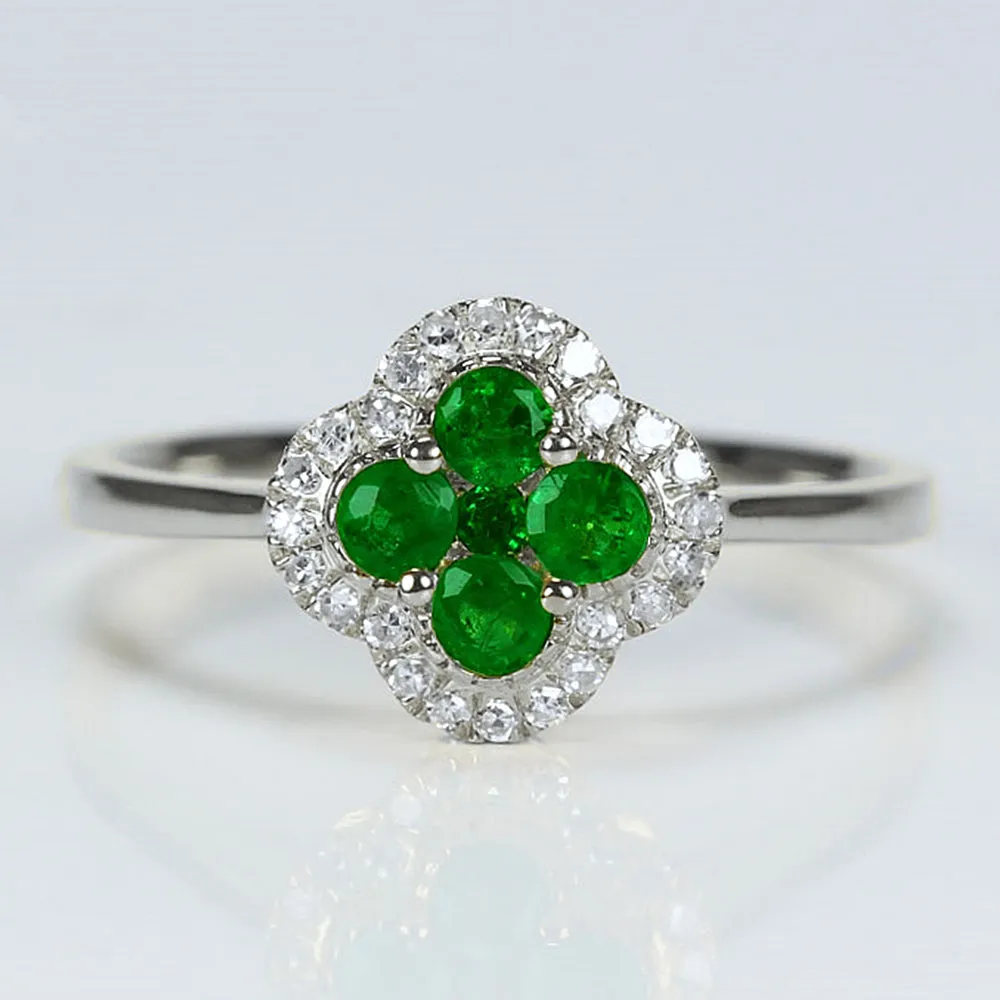 Diamond Halo Emerald 4 Leaf Lucky Clover Ring
