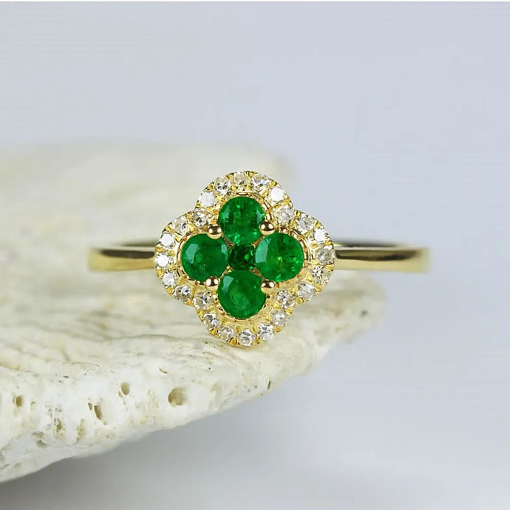 Diamond Halo Emerald 4 Leaf Lucky Clover Ring
