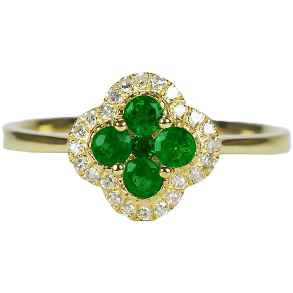 Diamond Halo Emerald 4 Leaf Lucky Clover Ring