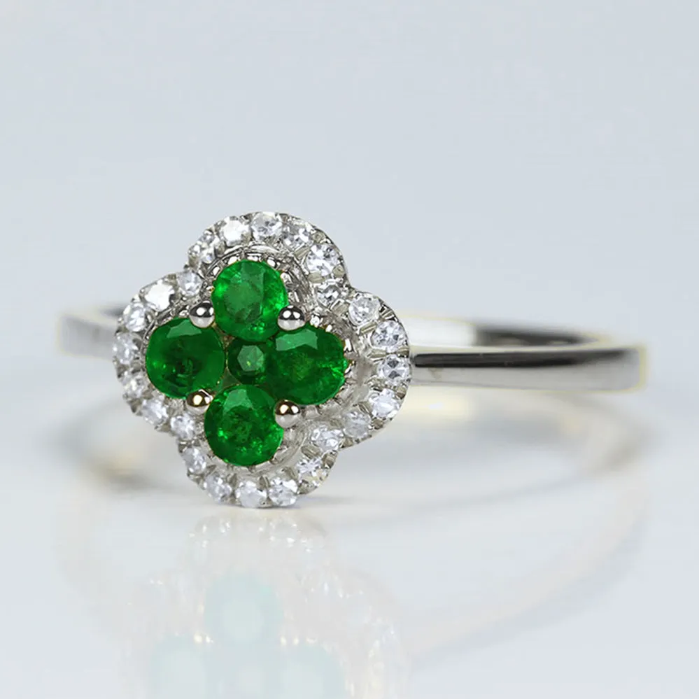Diamond Halo Emerald 4 Leaf Lucky Clover Ring